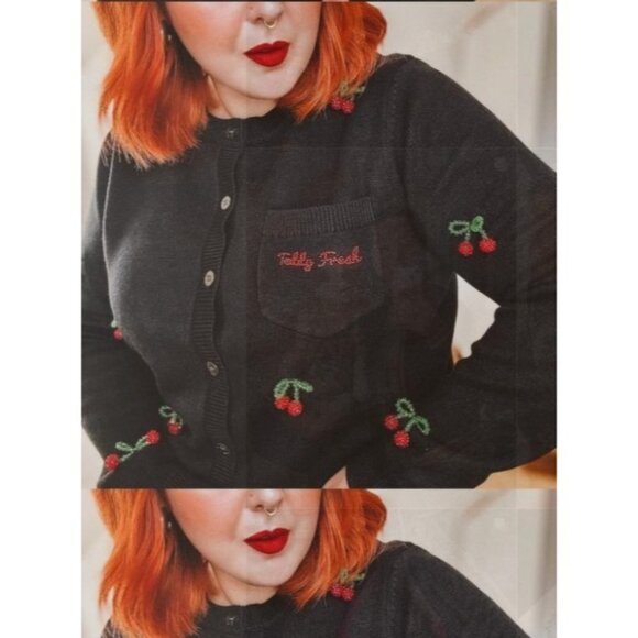 Teddy Fresh Cherry on Top Beaded Cardigan Sweater Top Black Red 3X Cherries - Picture 2 of 13